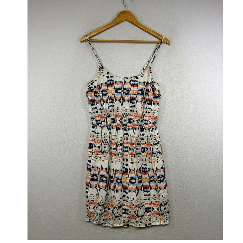 Boho Southwest Old Navy Women Medium White Blue Orange Ikat Tribal Sundress
